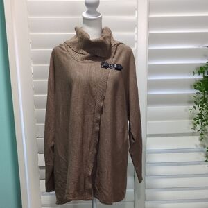 JM Collection Tan Cowl Neck Sweater with Buckle Shawl